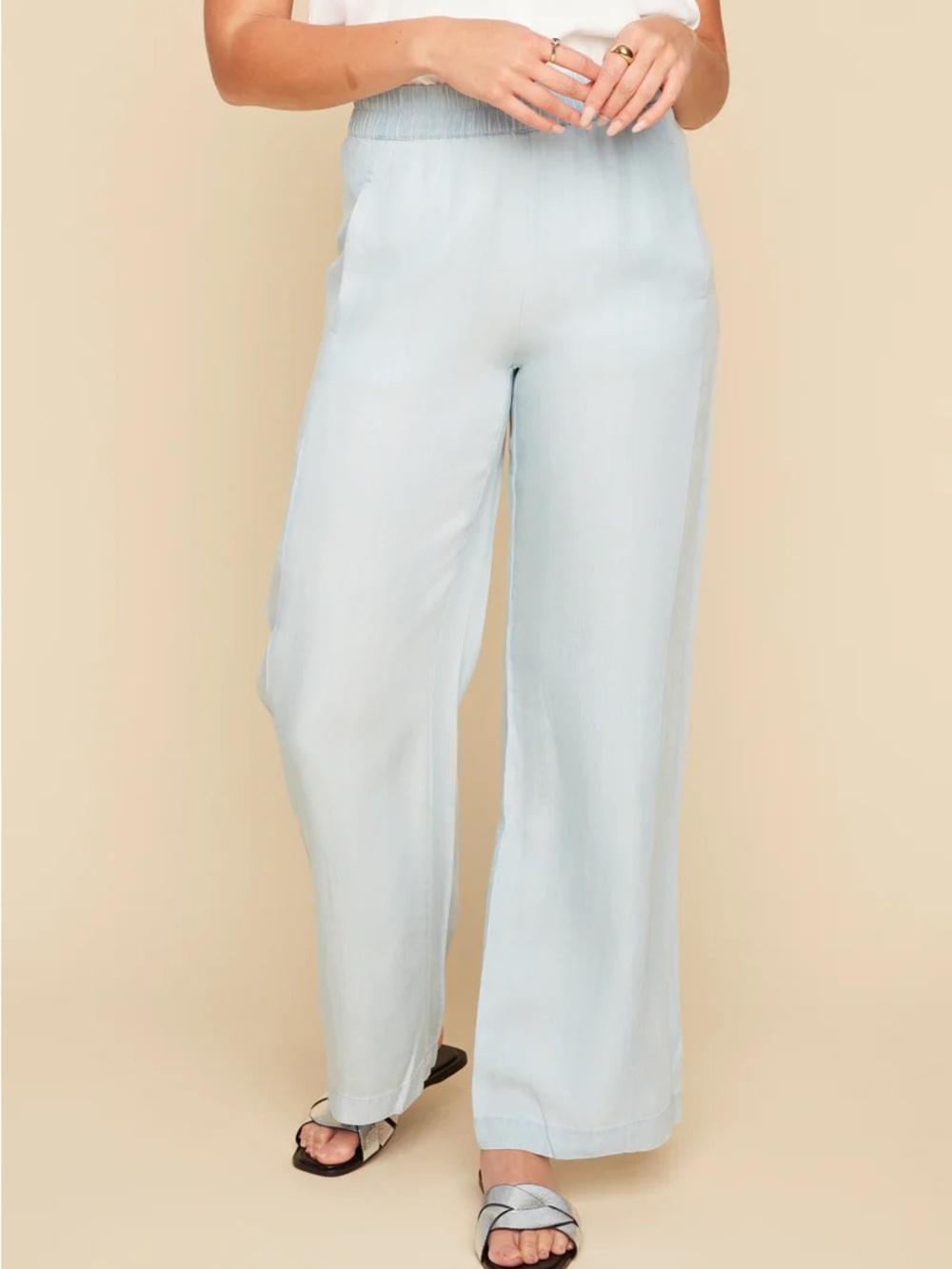 Renuar Pale Blue Wide-Leg Elastic Waist Pants